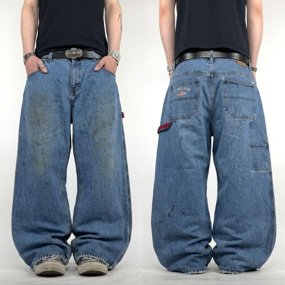 Vintage y2k embroidered faded stonewash baggy wide leg skater rare jeans